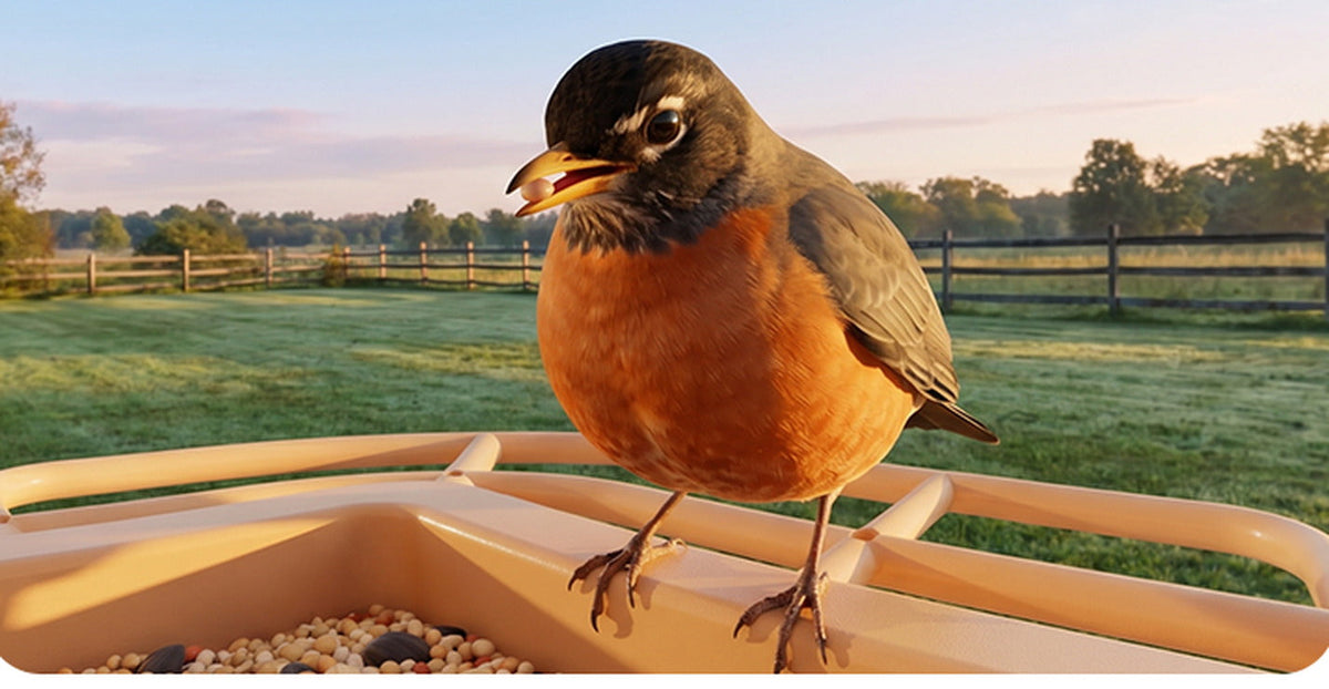 Daytime footage of a robin feeding, filmed by the built-in camera