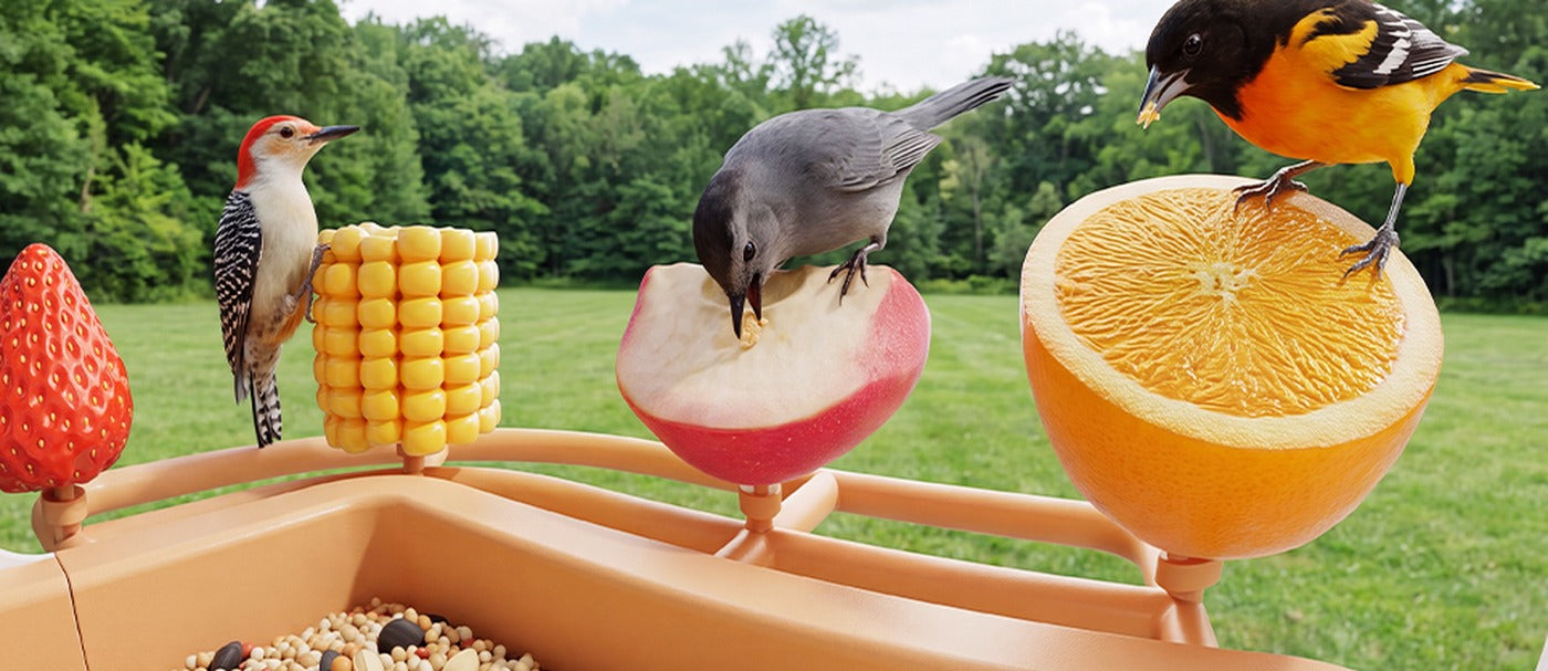 Detachable fruit forks holding strawberry, corn, apple and orange