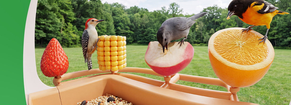 Detachable fruit forks holding orange slices for fruit-eating birds