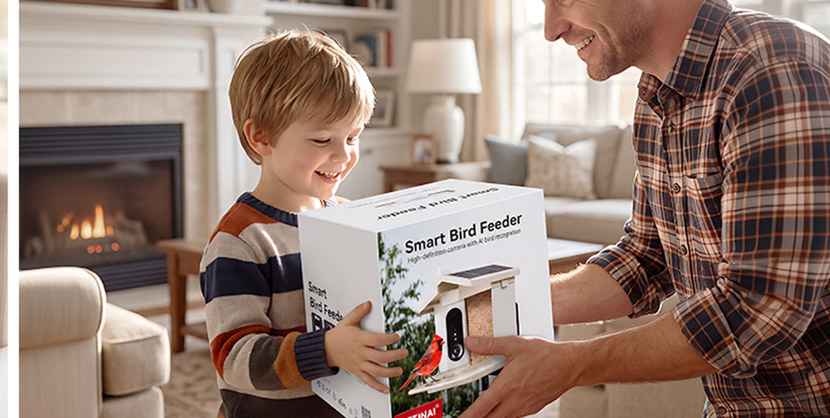 A father and son setting up their new feeder