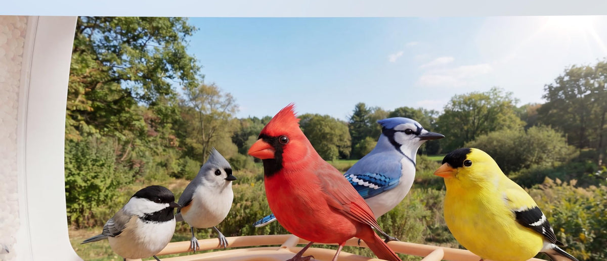 Wide-angle camera view capturing five bird species at the feeder
