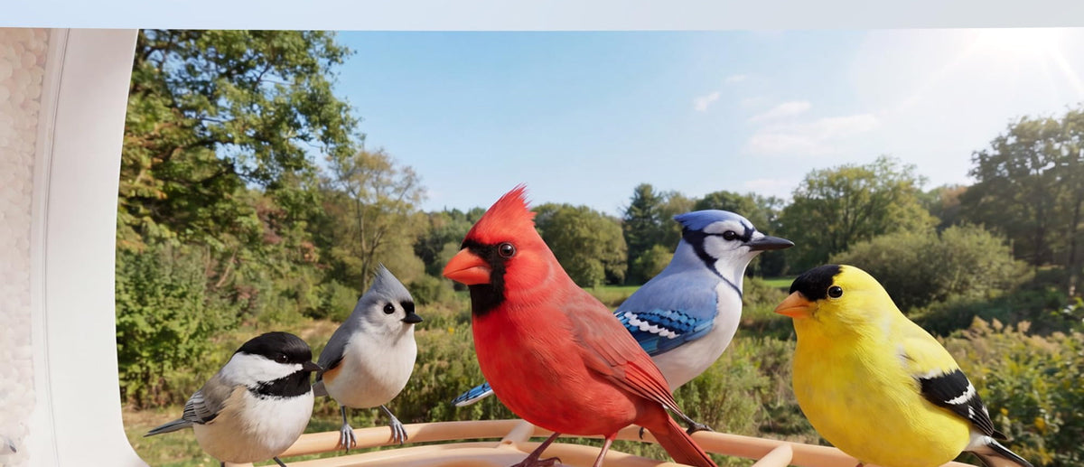 Wide camera view capturing five bird species at the feeder at once