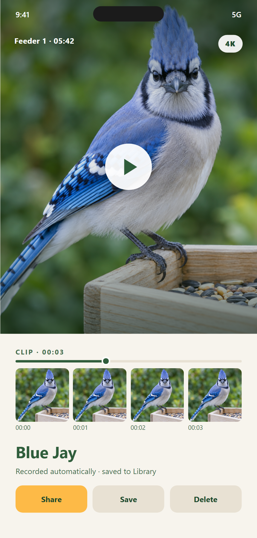 App screen showing a recorded clip of a blue jay with a timeline, four frames and a three-second duration