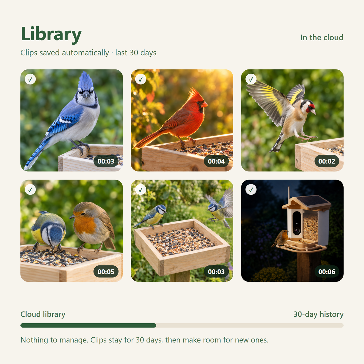 App screen: a library of saved clips with a cloud check on each one and a 30-day history