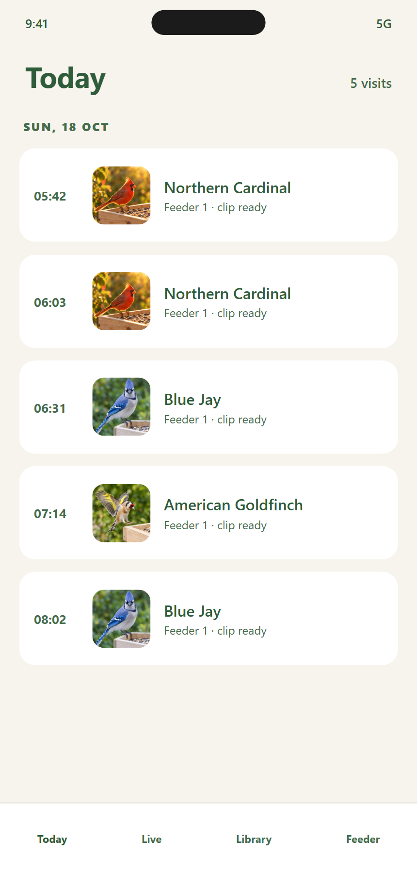 App screen showing today's log: five visits listed by time and species