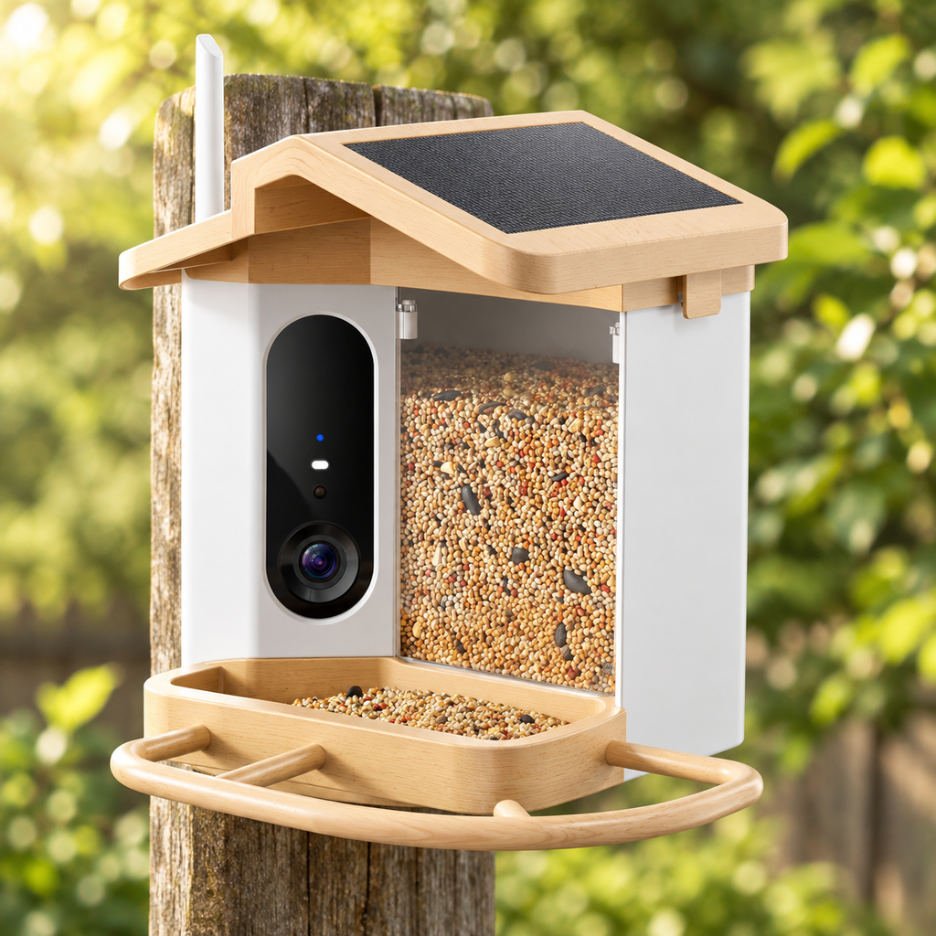 Smart bird feeder with 4K camera seen from the front, mounted on a wooden post