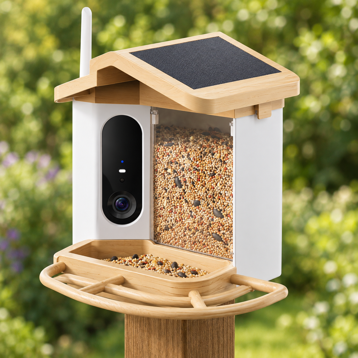 Roof lifted on the smart bird feeder revealing the clear seed hopper