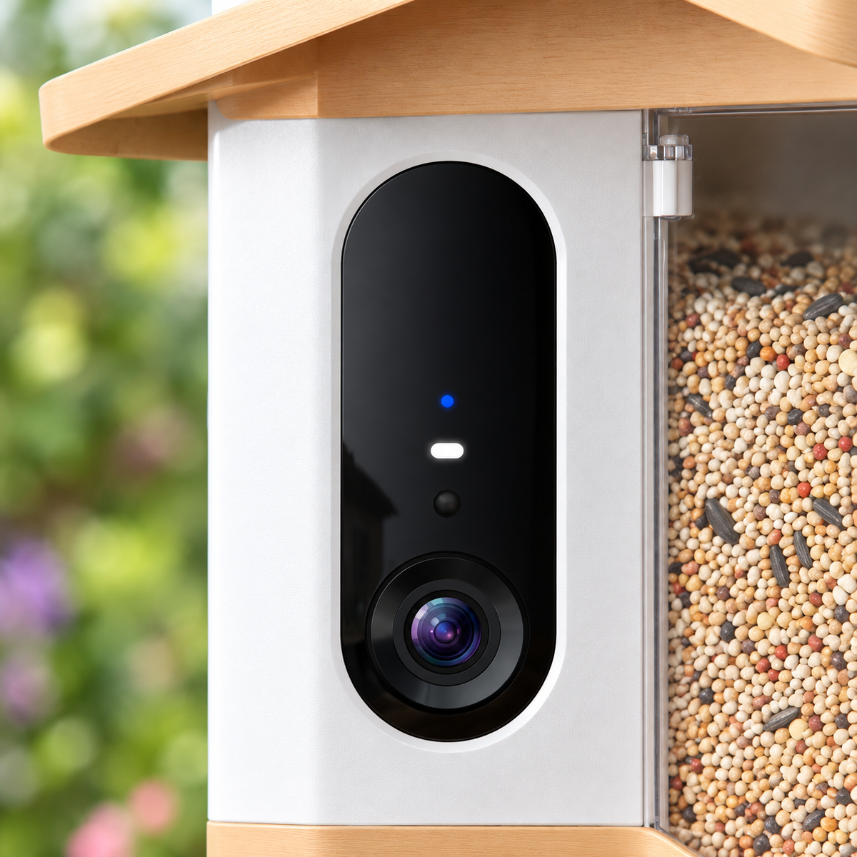 Close-up of the 4K camera module on the front of the bird feeder