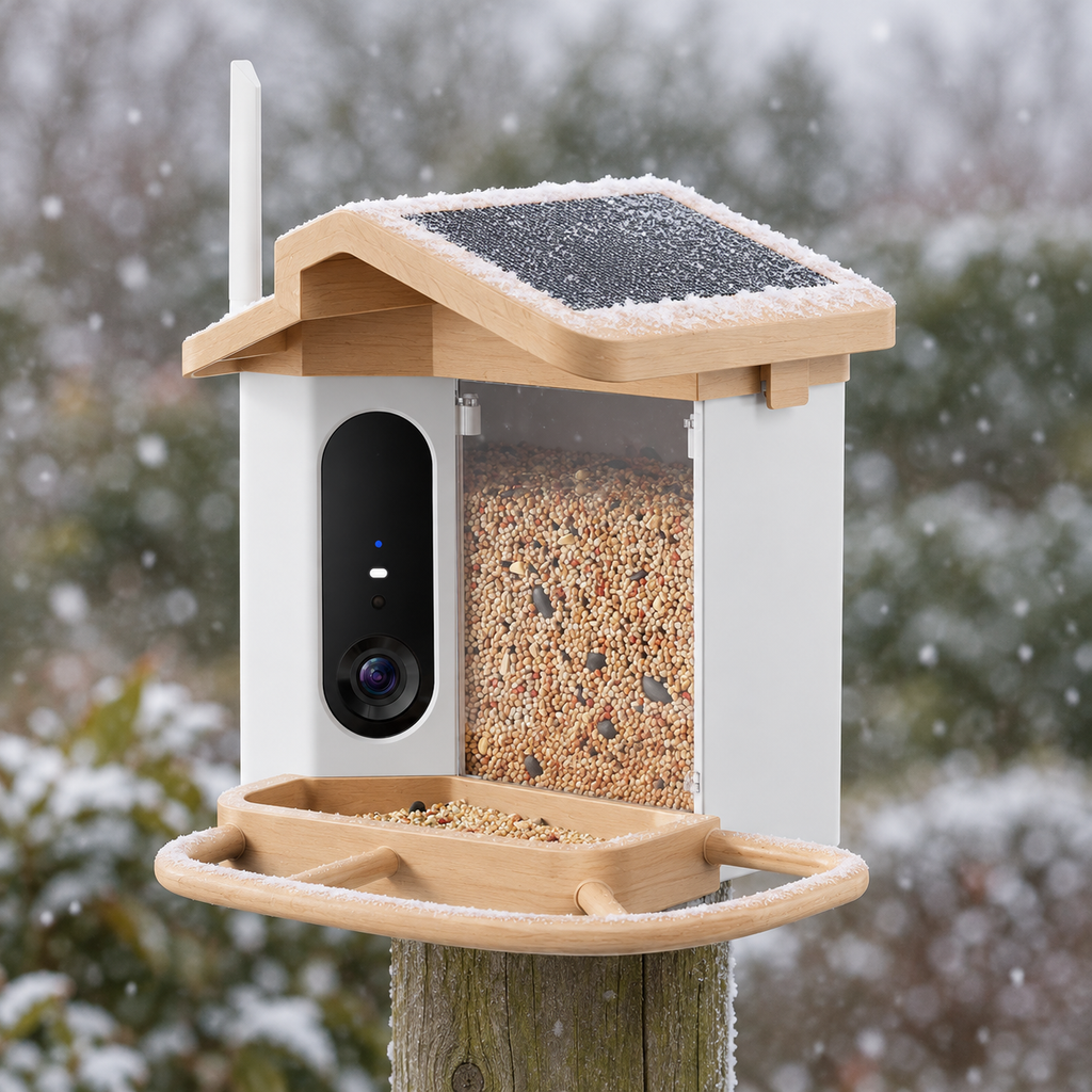Smart bird feeder outdoors in light snow, solar panel dusted white