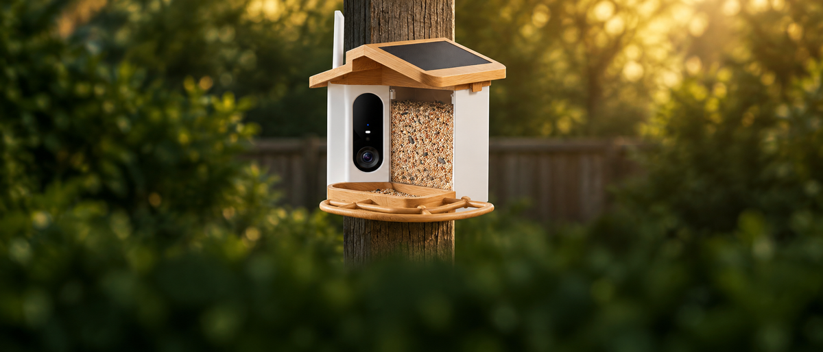 Smart bird feeder with wooden roof and solar panel mounted on a garden fence post at golden hour