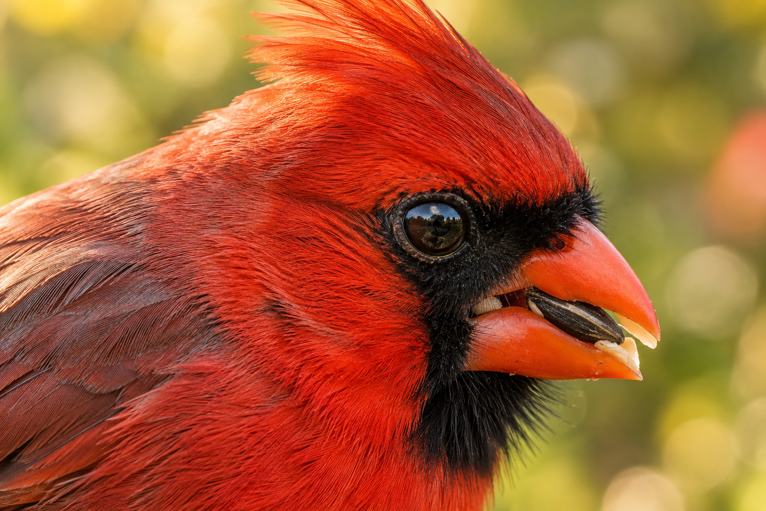 Extreme close-up of a northern cardinal holding a sunflower seed, every feather visible
