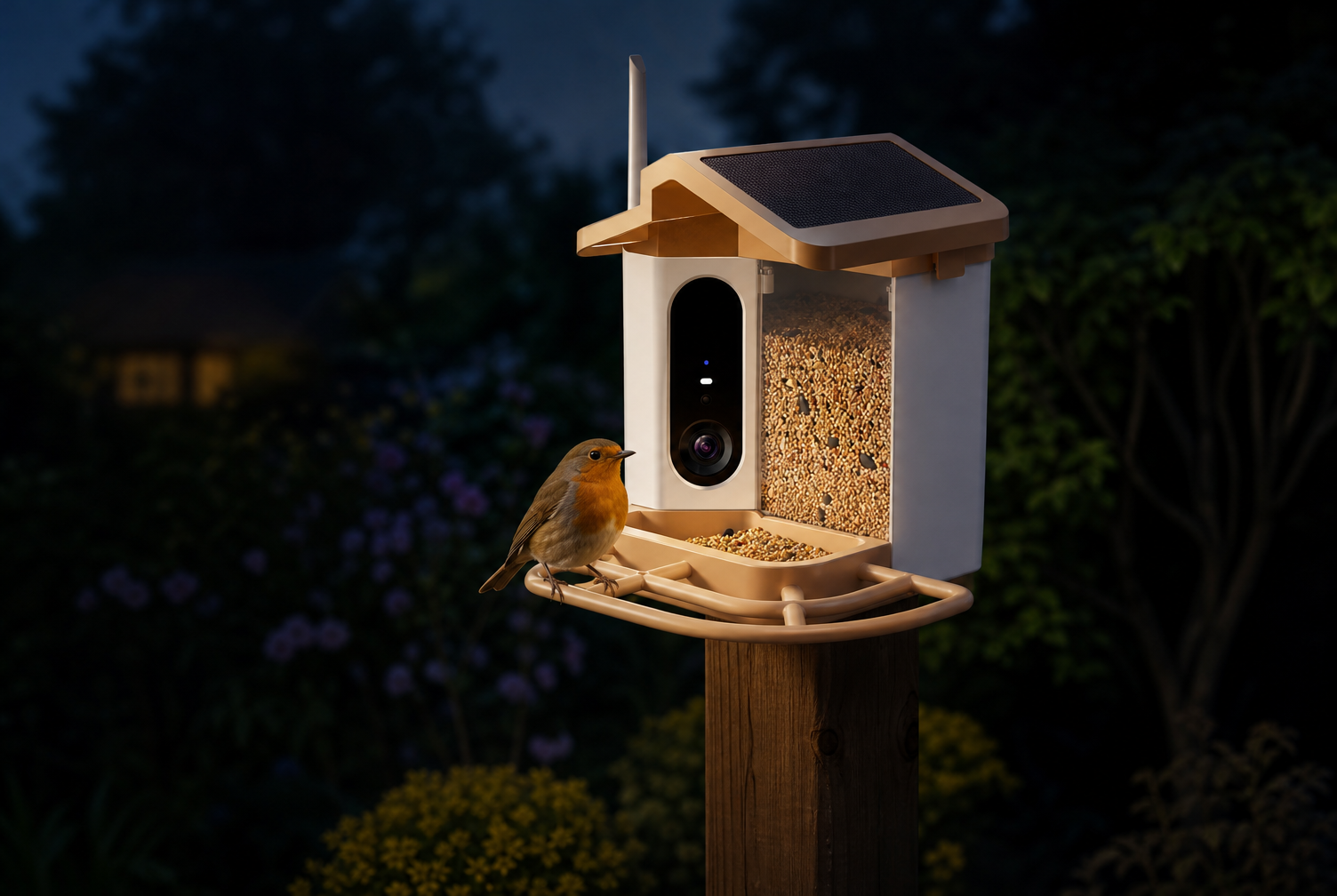 A robin on the feeder tray at night, lit in full colour