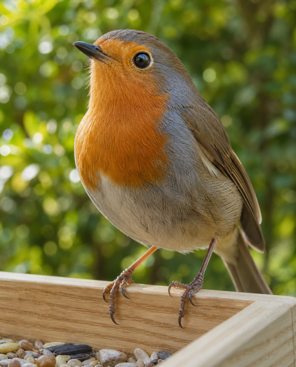 Portrait view of a robin perched on the edge of the wooden feeding tray