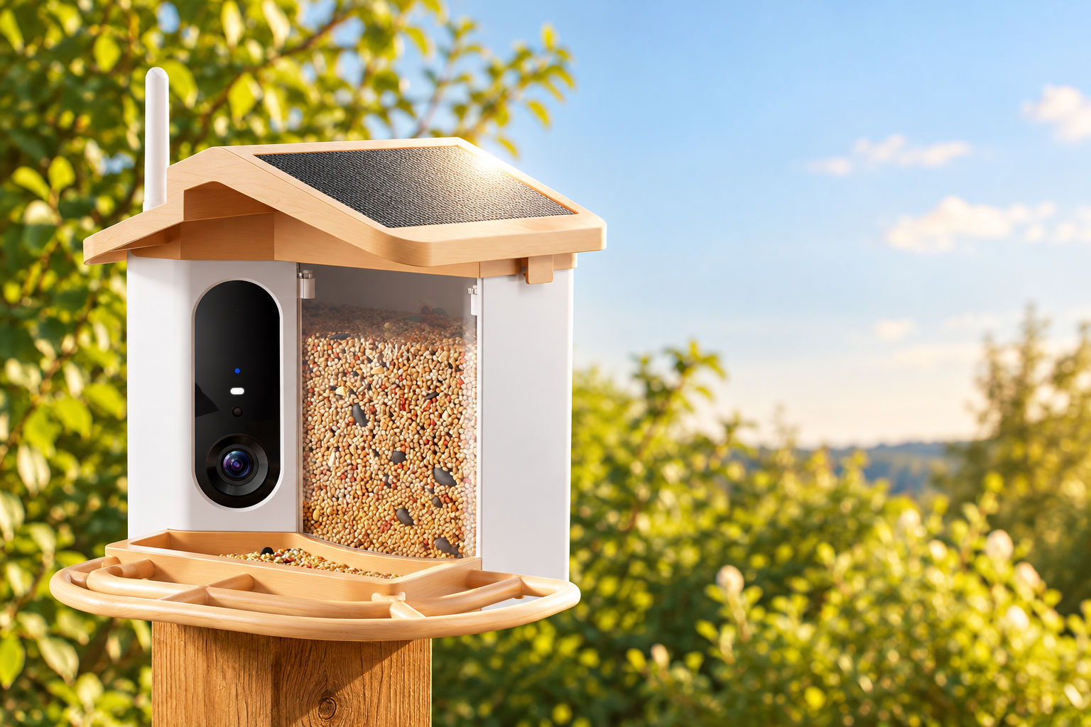 Smart bird feeder on a post in bright sun, the solar panel in the roof catching the light