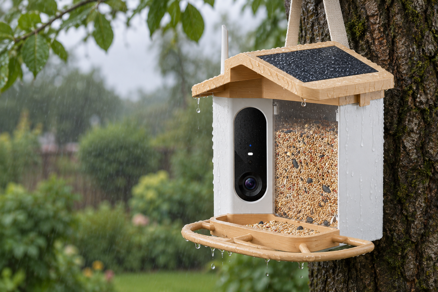Smart bird feeder hung from a tree by a fabric strap in the rain, water beading on the wooden roof