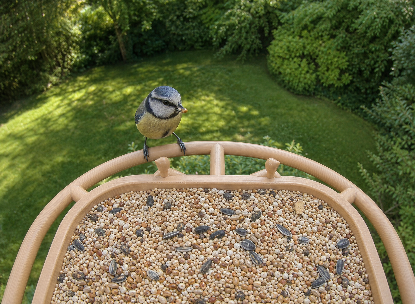 View from the feeder camera looking down at the whole seed tray with a blue tit feeding