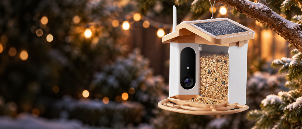 Smart bird feeder hanging in a winter garden with warm string lights behind it