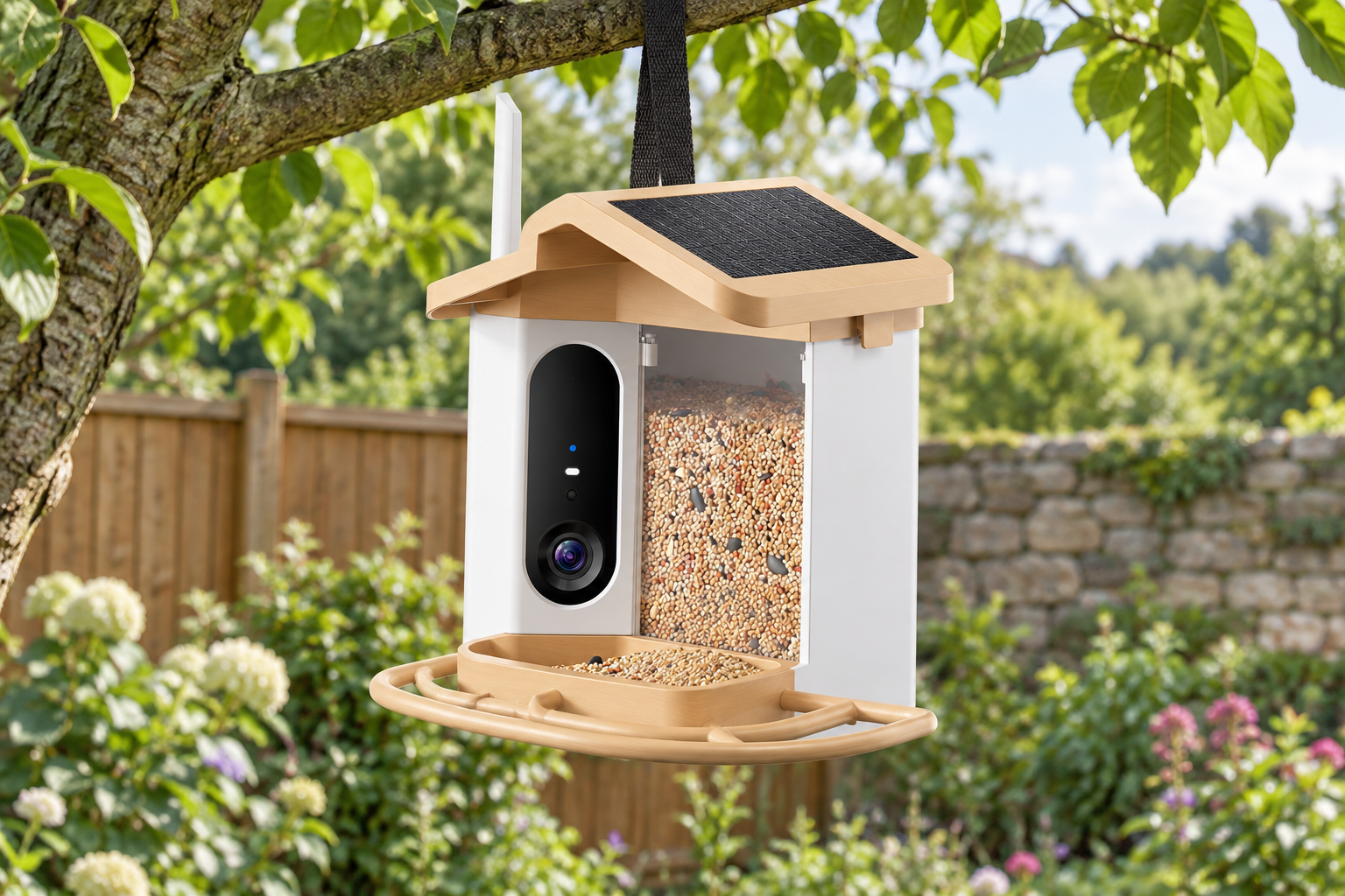 Smart bird feeder hung from a tree branch by a fabric strap, with a fence and a stone wall behind