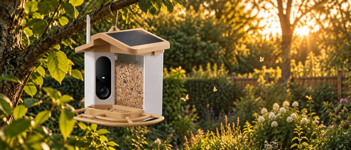 Smart bird feeder in a summer garden at golden hour, low sun behind the trees