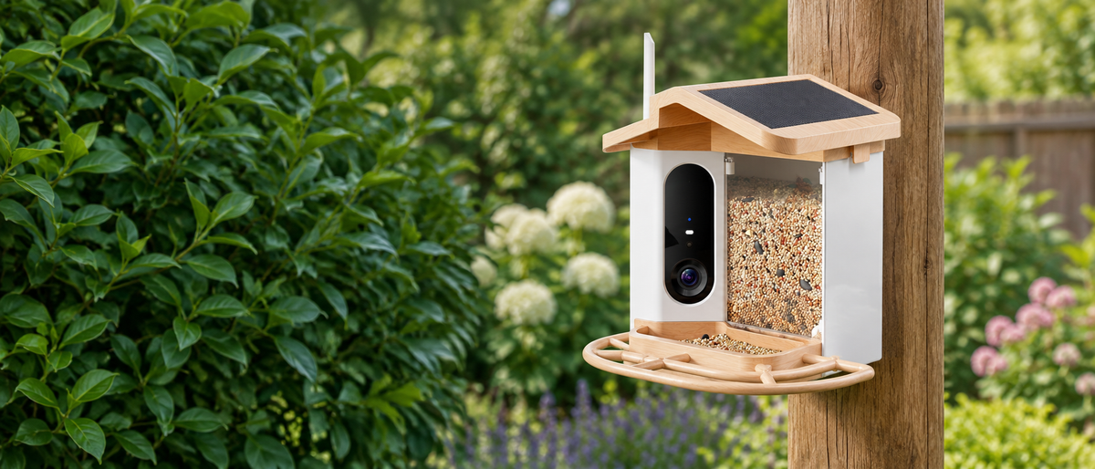 Smart bird feeder on a wooden post in a quiet established garden on a still afternoon