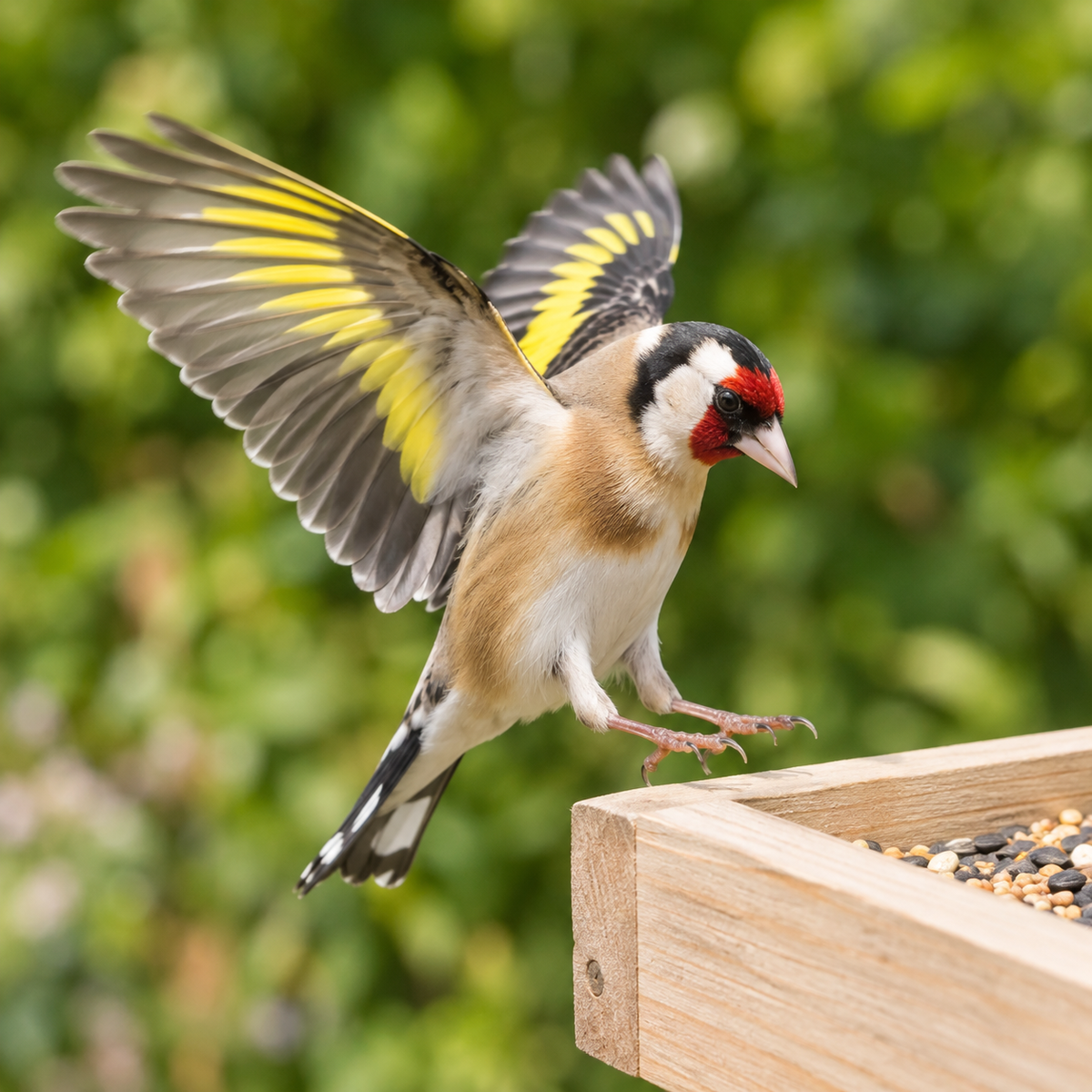 Goldfinch in the moment of landing on the feeding tray, wings still open