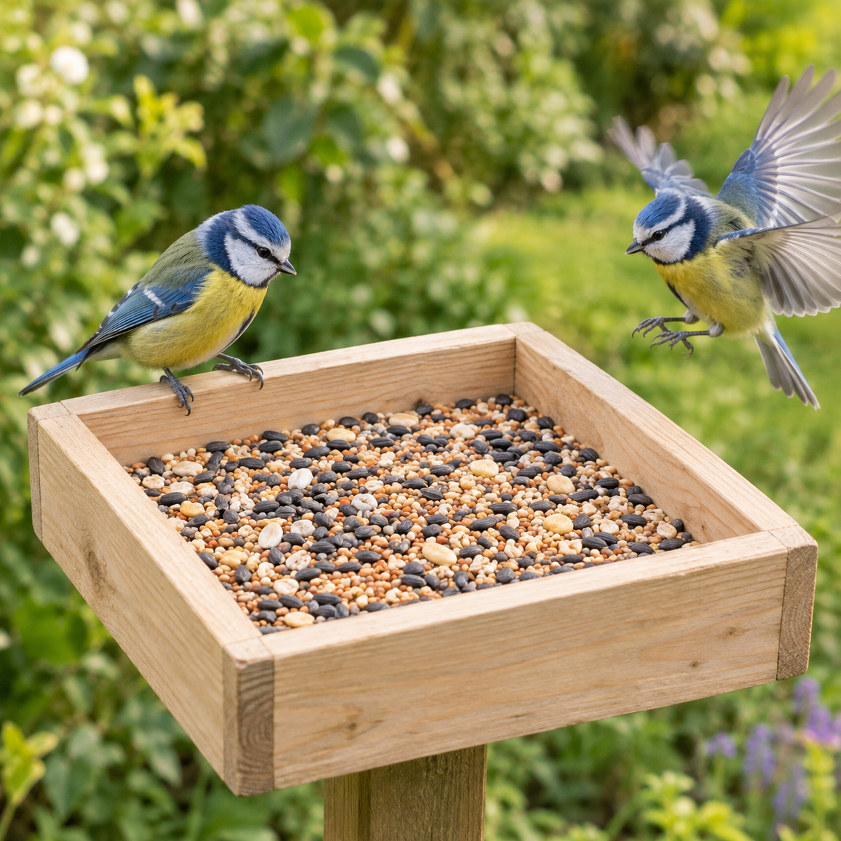 Two blue tits at the wooden tray, one perched and one flying in