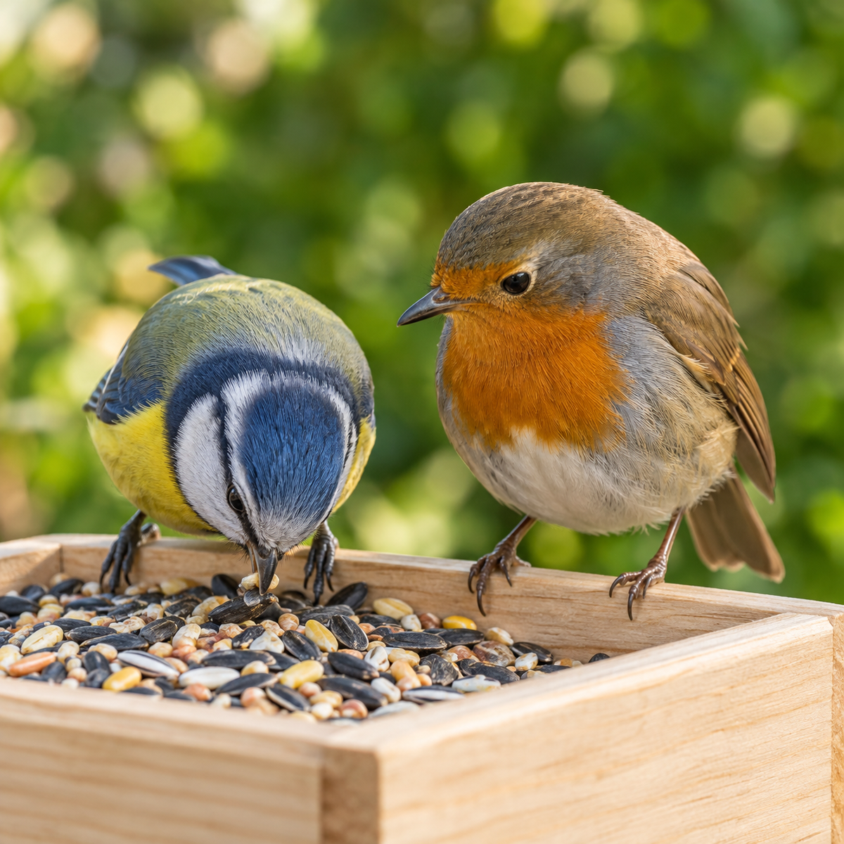 Two small birds side by side on the edge of the feeding tray