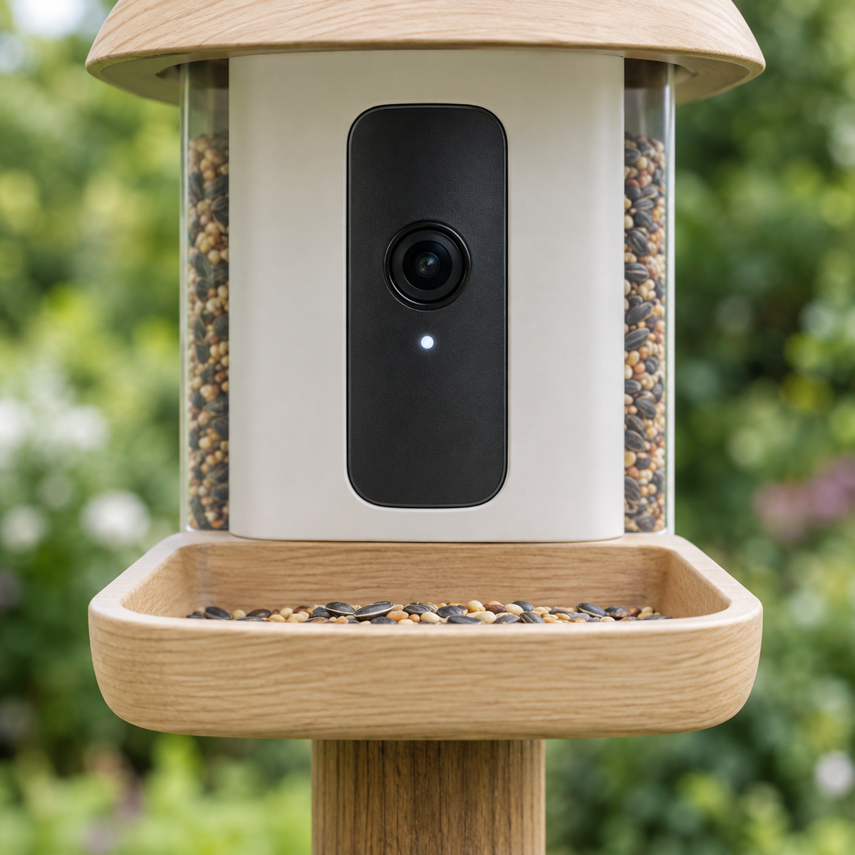 Front of the smart bird feeder showing the camera module and feeding tray
