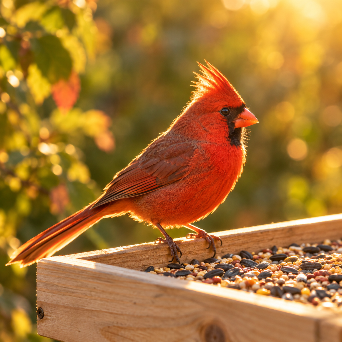 Cardinal on the tray in warm golden-hour backlight